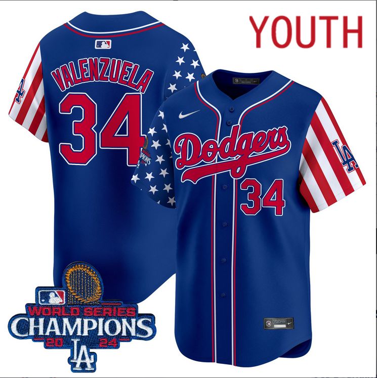 Youth MLB Los Angeles Dodgers 34 Valenzuela American Style blue 2024 World Series Champions Limited Jersey